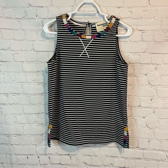 Savanna Jane Striped Stretch Knit embroidered Tank Top Black White Round Neck - Picture 1 of 6